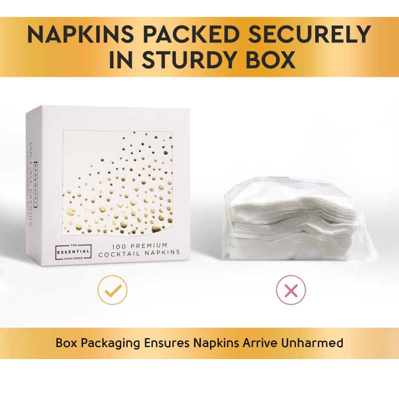 The Essential Concierge Stylish Gold Cocktail Napkins, 100 Disposable Party Napkins, Gold Dessert Napkins, 3-Ply, 5x5 Inch White and Gold Napkins, Disposable Wedding Cocktail Napkins, Party, Shower or Gold Beverage Napkins - Image 2